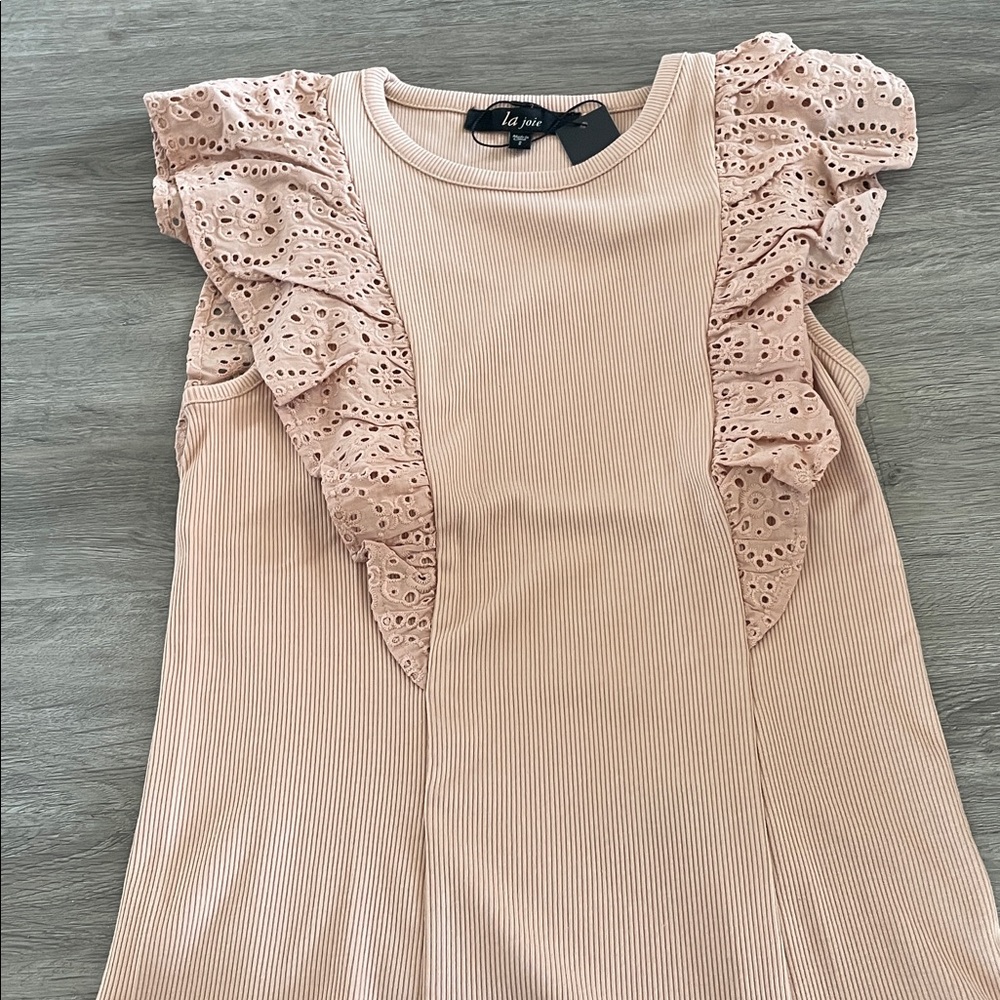 La Joie Tank Fawn Eyelet Ruffle Sleeveless‎ Ribbed Top Small